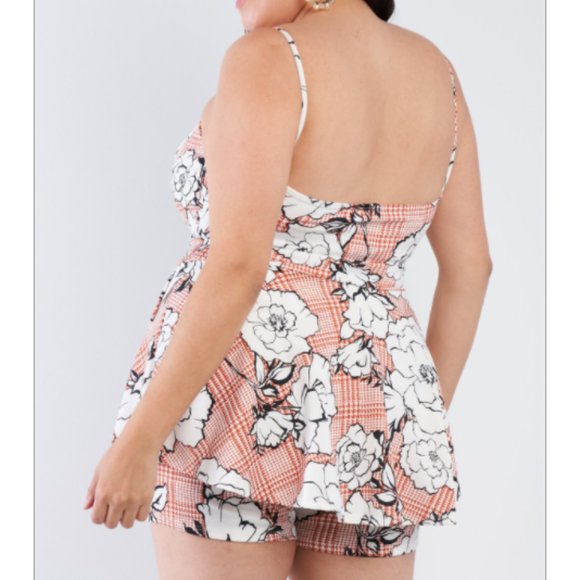 Floral Short Skort Mini V-Neck Romper – Plus (1X, 2X, 3X) - Picture 3 of 9